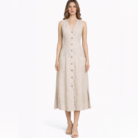 Tahari Dresses & Skirts - Tahari NWT  Beige sand Button-Down Maxi Dress Linen with deep pockets